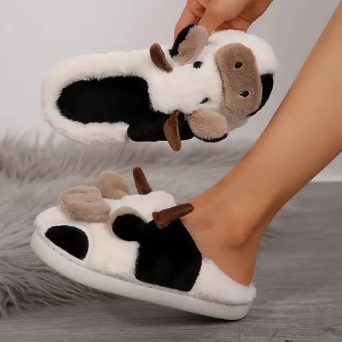 Cow Slippers for Women and Men, Fluffy Cute Cozy Cartoon Cow Cotton House Slipper Womens Milky Cows Snow Animal Preppy Funny Furry Kawaii Bedroom Pillow Cloud Slippers for Women Indoor and Outdoor