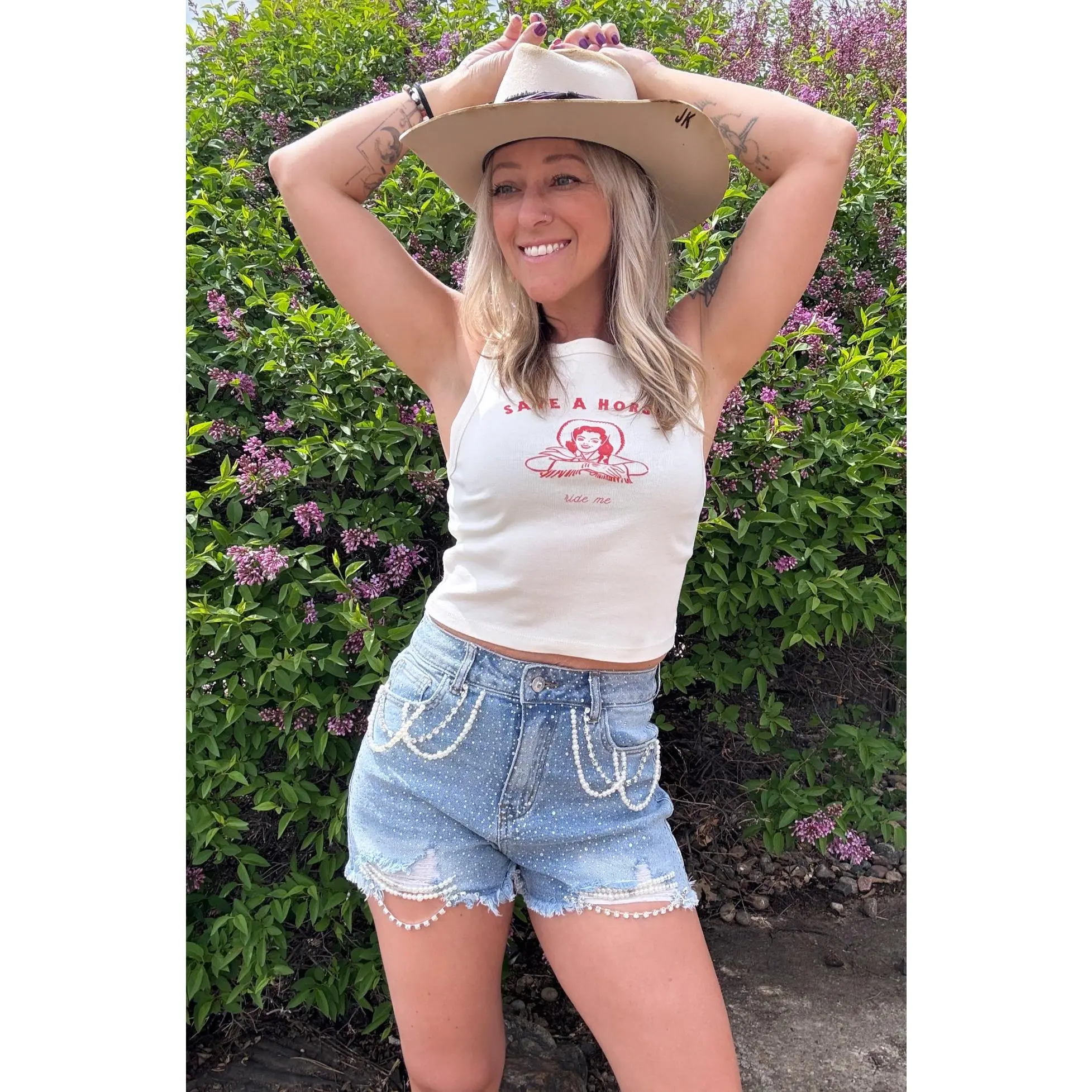Rhinestone & Pearl Denim Shorts