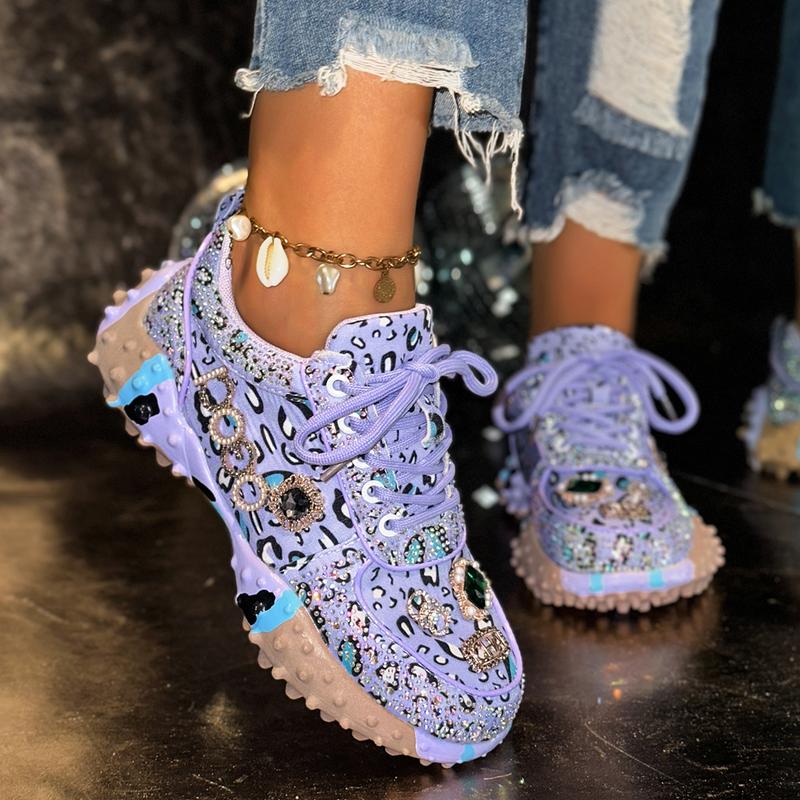 Women Casual Rhinestone-Embellished Sneakers Fashion Beaded Walking Shoes Outdoor Non-Slip Flat Shoes