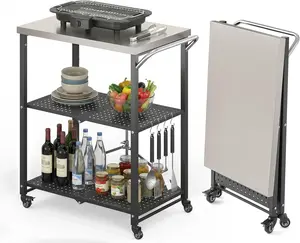 ONBRILL Folding Outdoor Grill Table, Movable Grill Cart with 2 Locking Wheels, Portable Stainless Steel 3-Shelf Pizza Oven Table with Hooks for BBQ, Party, Camping, Home Kitchen, Black