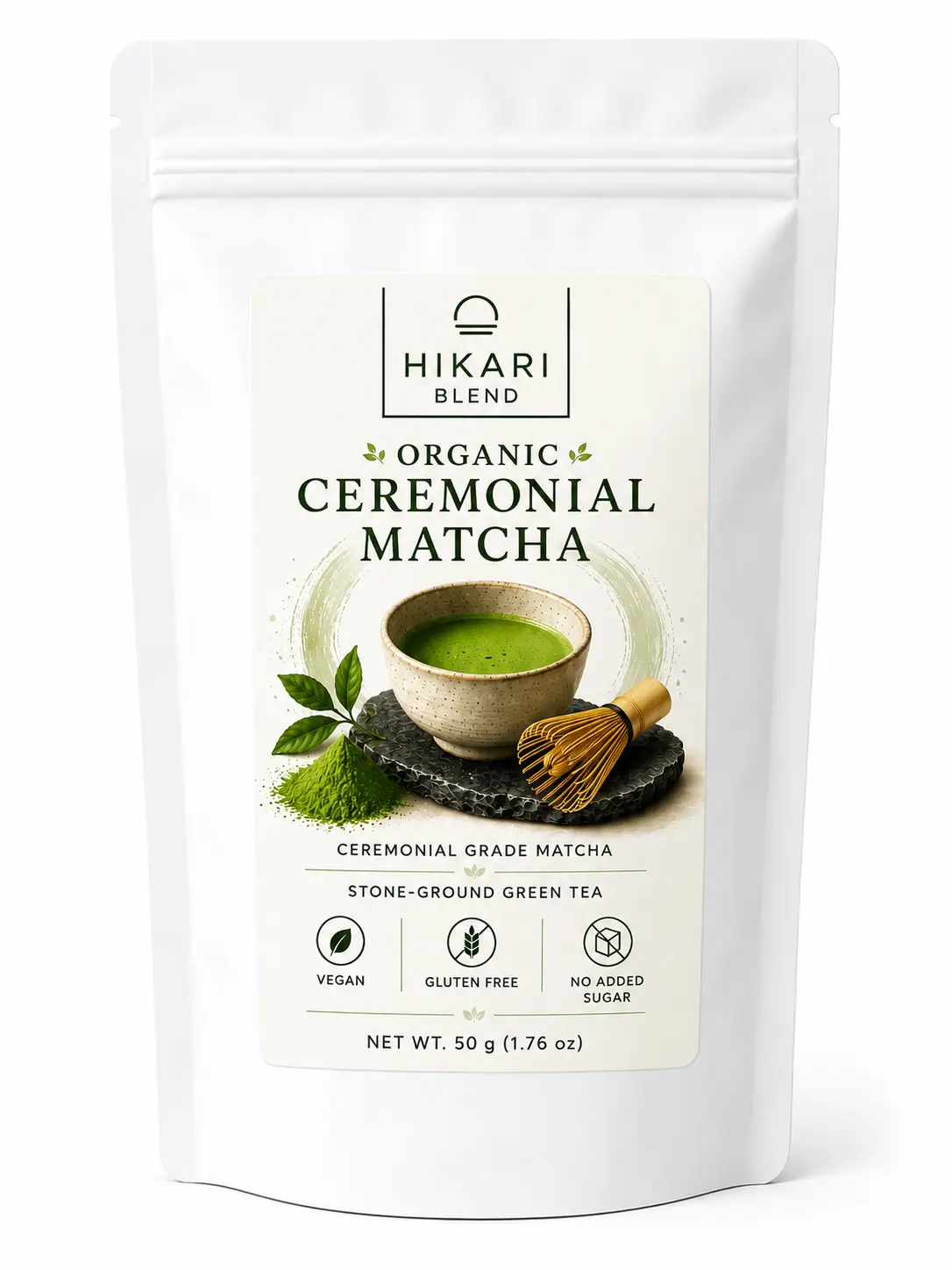 Hikari Blend Organic Ceremonial Matcha Powder, 100% Organic Japanese Green Tea, Stone-Ground, Smooth Umami Flavor, 50g