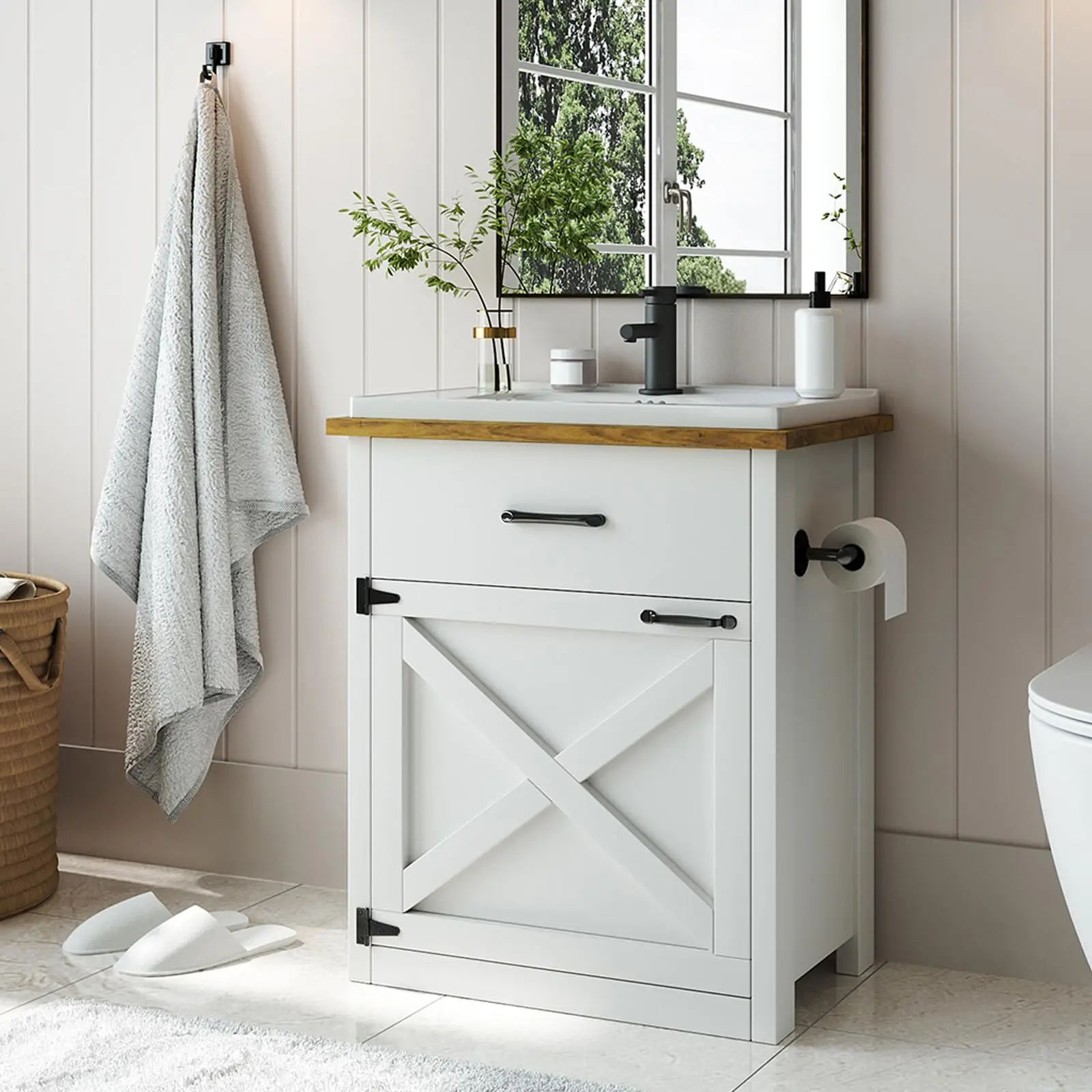 [Summerwins] HOMBCK 24 Inch Bathroom Vanity with Sink, Farmhouse Bathroom Vanity Cabinet with Drawer & Barn Door, Towel Bar