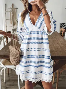 1 Piece Women's Summer Boho Blue White Print Mini Dress, Lace Trim V Neck Casual Wear Vacation Outfit