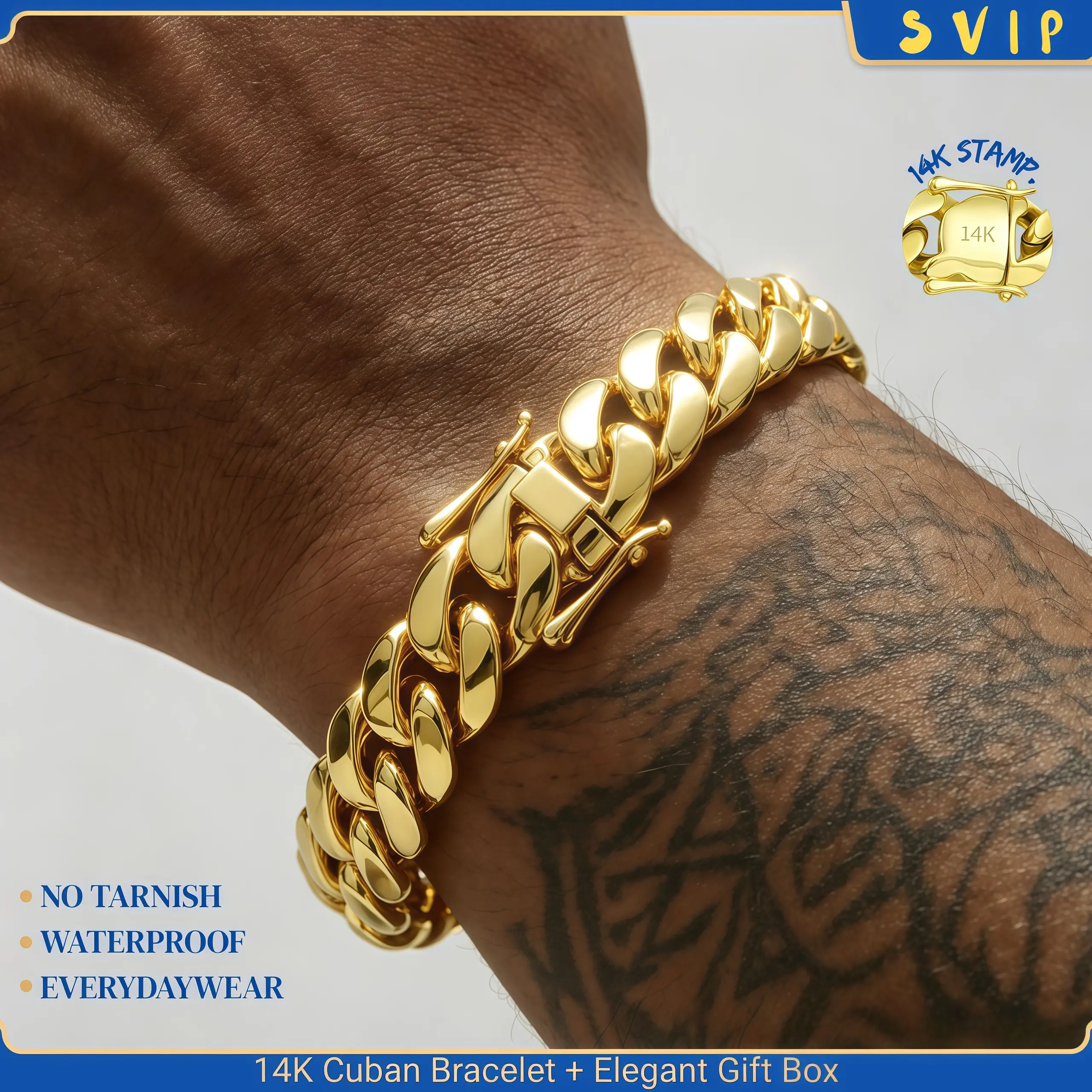 14K Gold Plated Heavy Men's Solid Cuban Link Chain Necklace and Bracelet Set, Miami 8/10/12/14/18/20/22MM, Hip Hop Jewelry, Mother's Day Gifts, Invariant Green, Waterproof  ：