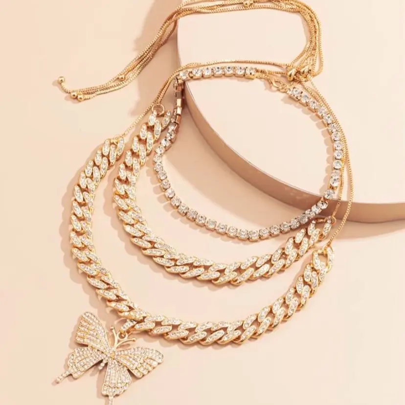 Women 3pc Gold Necklace with Rhinestone and Butterfly Pendant