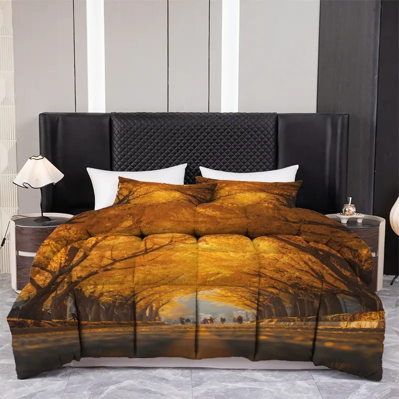Autumn Forest Print Quilt Set, 3-Piece Microfiber Bedding, Includes 1 Quilt & 2 Pillows, Stylish Bedroom Decor, All-Season Comfort