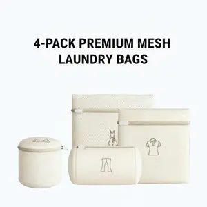 4-Piece Bag, Durable Cotton Mesh Laundry Bag, Sturdy Zipper, Breathable Mesh, Exquisite Laundry Bag for Underwear, Clothes, Pants, Shoes and Socks