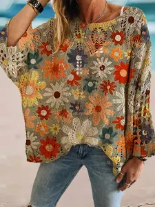 Spring and summer round neck diamond hollow batwing sleeve top, bohemian style with floral print, casual layered cardigan for beach vacation Womenswear