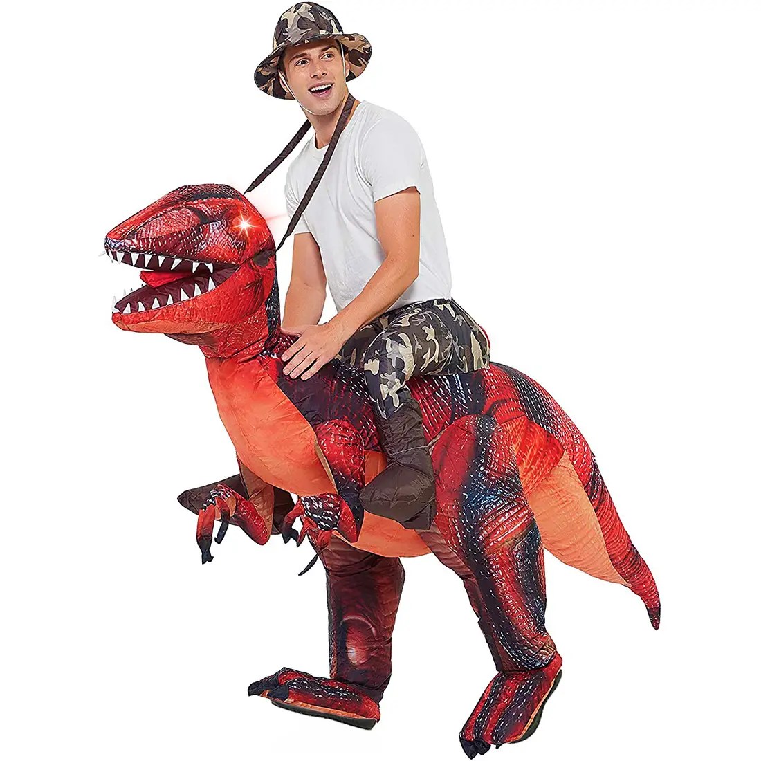 GOOSH Inflatable T-Rex Dinosaur Costume for Adults - Red Glowing Eyes & Unique Printing - Halloween Party Cosplay Set - 63IN/72IN Sizes - Waterproof P