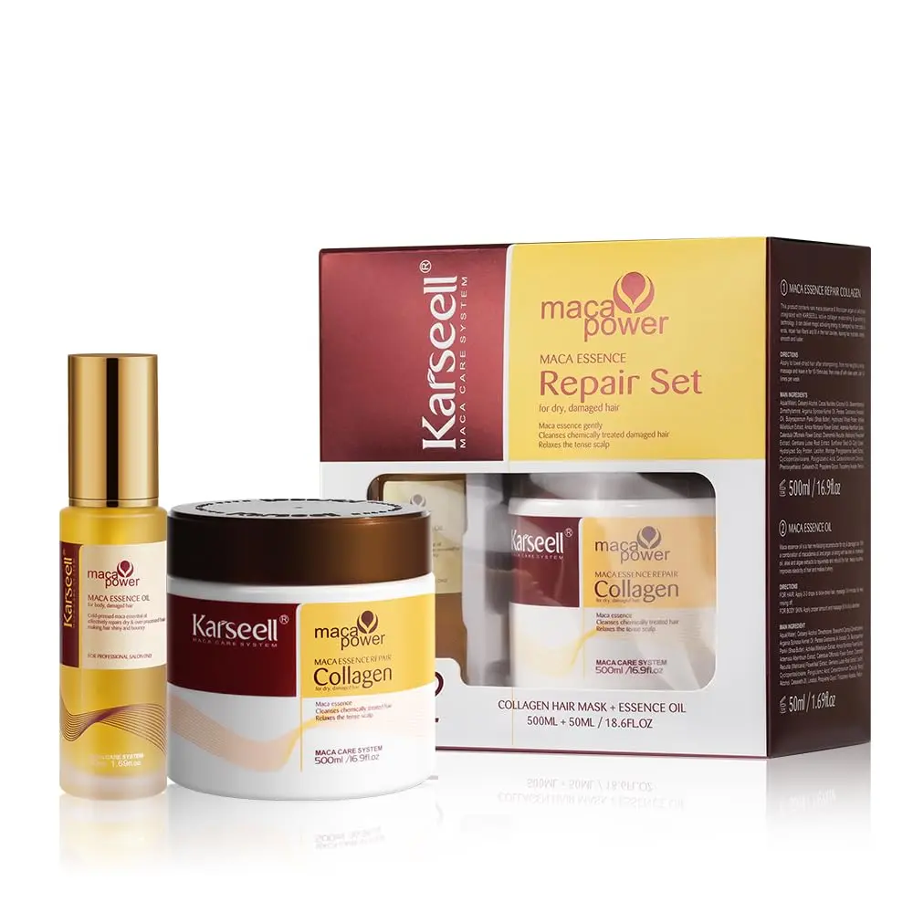 Karseell Collagen Hair Mask & Argan Oil Set for Dry Damaged Hair | Deep Conditioning Hair Treatment, Repair & Moisturize All Hair Types, 16.9 fl oz + 1.69 fl oz
