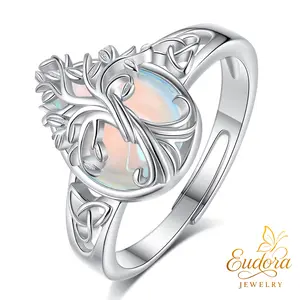 Eudora S925 Sliver Dainty Tree of Life Ring with Crystal, Amethyst, Moonstone, Turquoise, Adjustable Oval Statement Boho Ring for Women, Spiritual Healing Jewelry