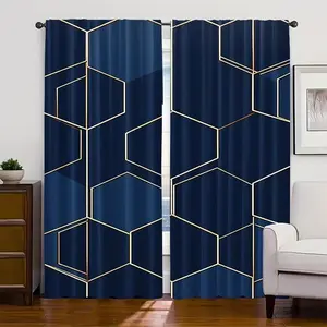 Modern Abstract Geometric Curtains Set, Blue Polyester Fabric, Semi-Transparent, Bedroom Living Room Decor