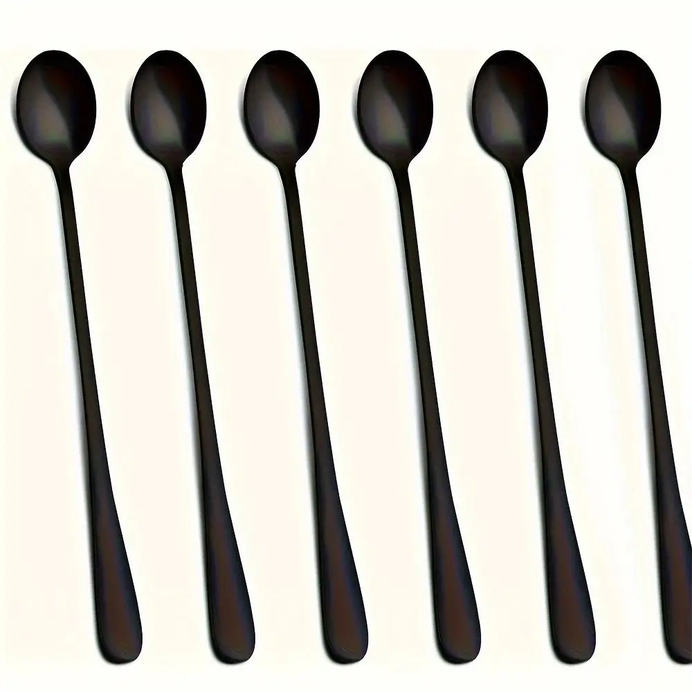 Stainless Steel Long Handle Spoon (6 Counts), Mirror Polished Coffee Stirring Spoon, Tea Spoon, Kitchen Cutlery, Dishwasher Safe