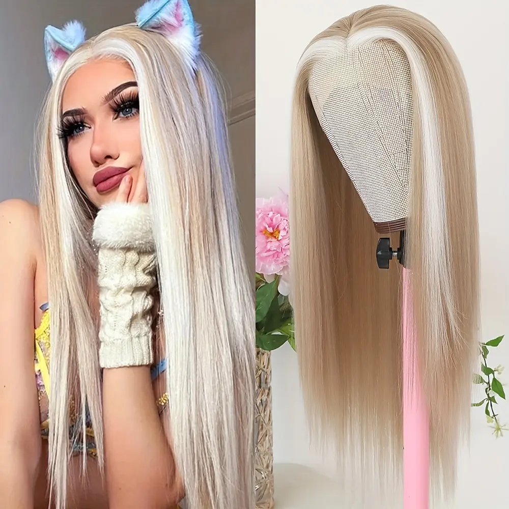 Female Silky Straight White Blonde Synthetic Hair Lace Front Wig - 180% Density Long Glueless Heat Resistant Wig with 13x4 Pre-Plucked Lace, Versatile Styling, Sleek Look, Fashion Beauty Accessory for Women, Human Hair, Long Straight Hair, Natural Hairlin