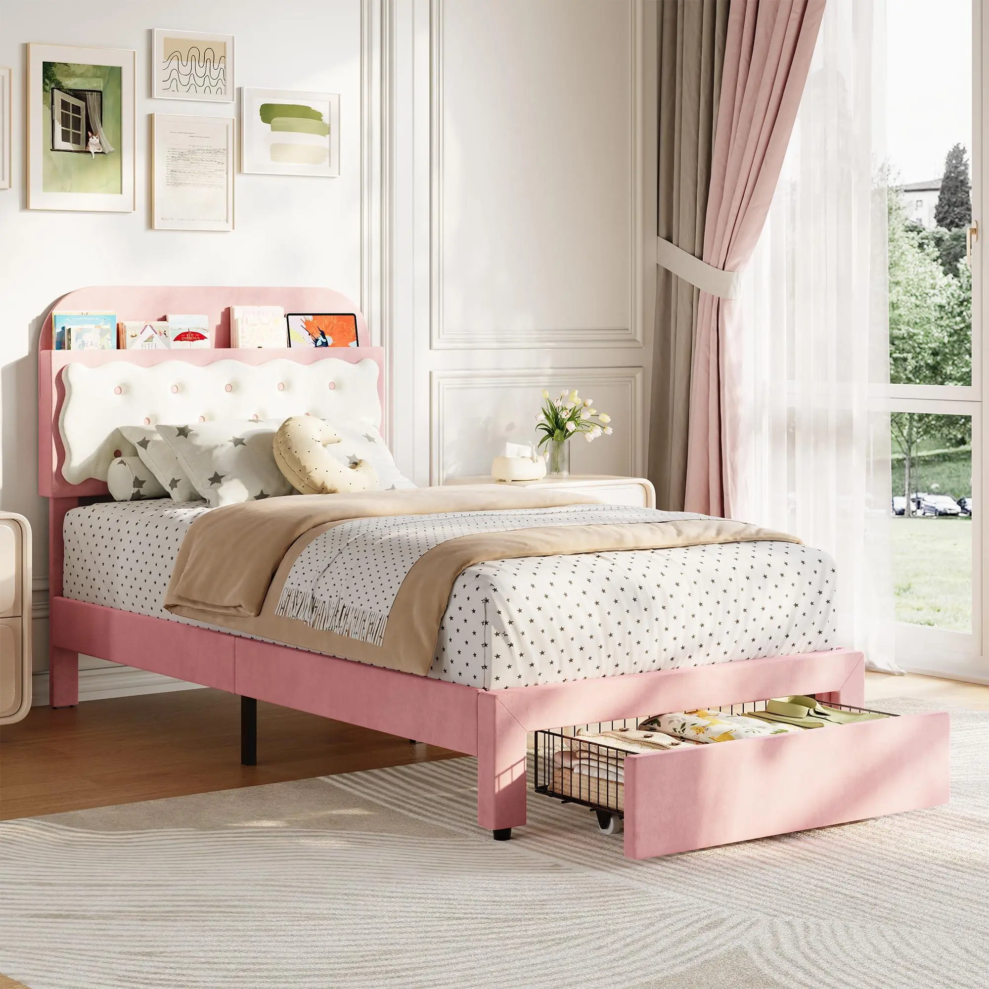 Gaomon Modern Upholstered Twin Bed Frame - Velvet Upholstered Bed Frame with Velvet-Wrapped Biscuit Tufted Storage Headboard, Storage Drawers, Dual Heights, Sturdy Wood Slats, No Box Spring Needed, Easy Setup, Modern Upholstered Bed