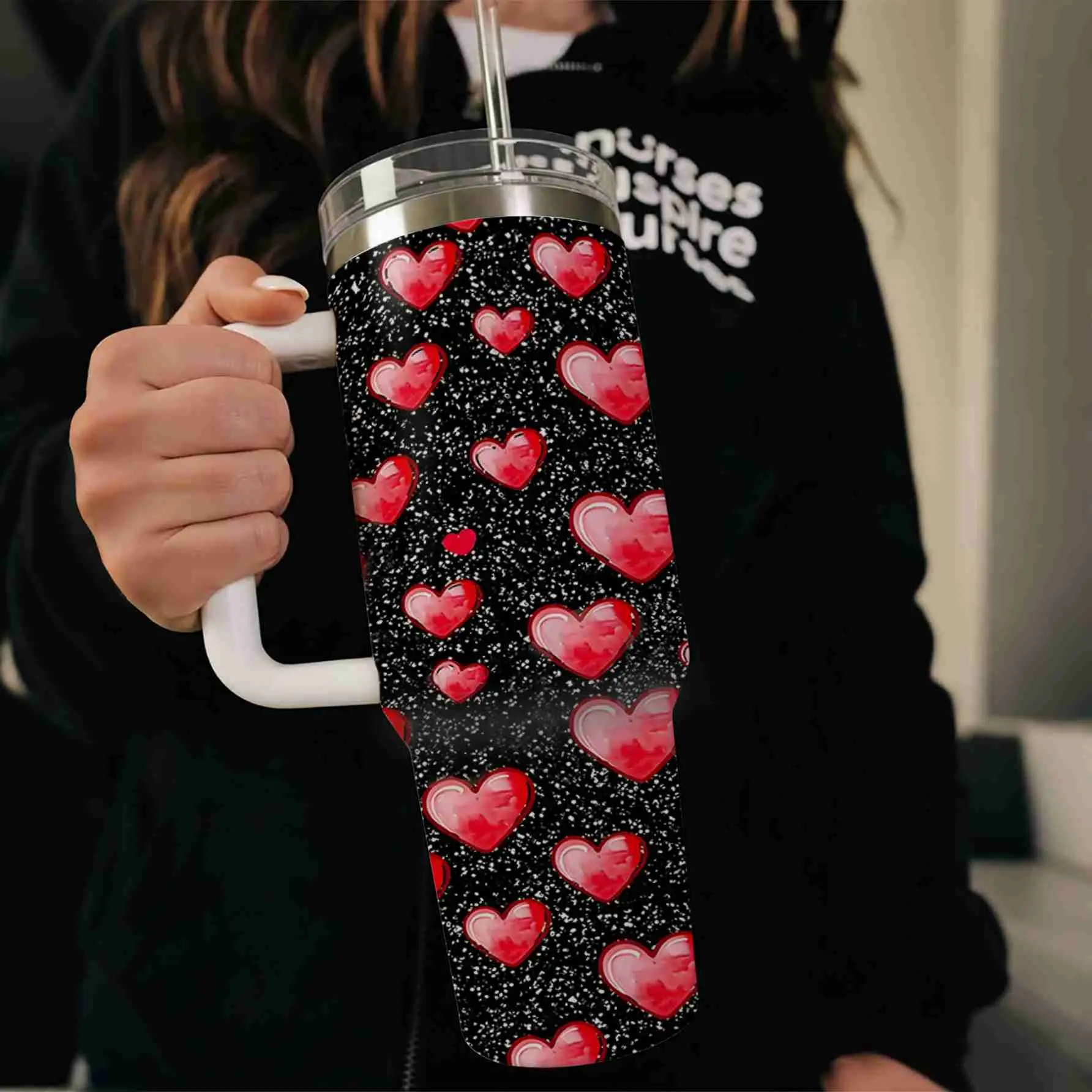 40oz large capacity car water bottles with lid and handle, 304 stainless steel insulated tumbler - Glitter Hearts, suitable for car, office, travel, Winter Tumbler for Her/His, new year gifts and Valentine gifts Drinkware Flasks