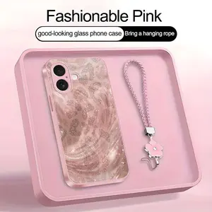 Luxury Pink Glitter Leopard Case Rose Gold Swirl Aesthetic Glass Cover with Lanyard for iPhone 17 --975