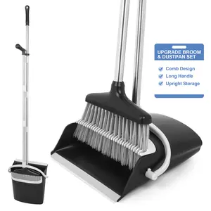 Broom and Dustpan Set Lightweight Upright Lobby Broom and Dust Pan Combo with Long Handle Outdoor Indoor for Home Kitchen Room Office (Gray and Black) wonder  mop rock  mop broom