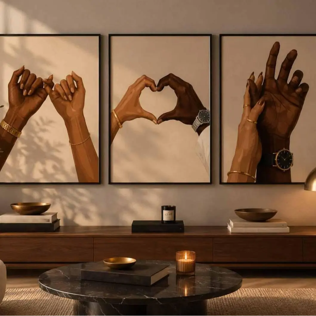 Black Couple Wall Art Set of 3, Neutral Minimalist Love Prints, Digital Download Decor