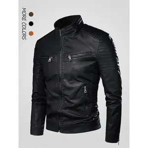 Men's Casual Leather Jacket Biker Leather Jacket PU Jacket Fashion Stand Collar Leather Jacket Slim Fit Jacket Men