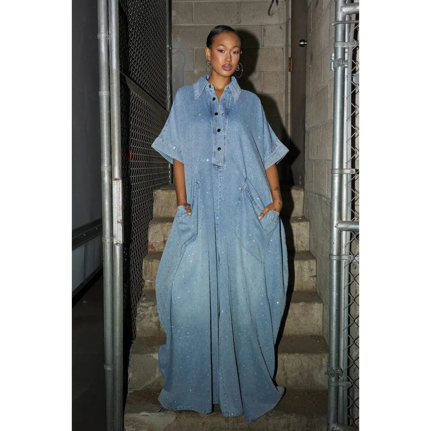 GINA DENIM RHINESTONE JUMPSUIT