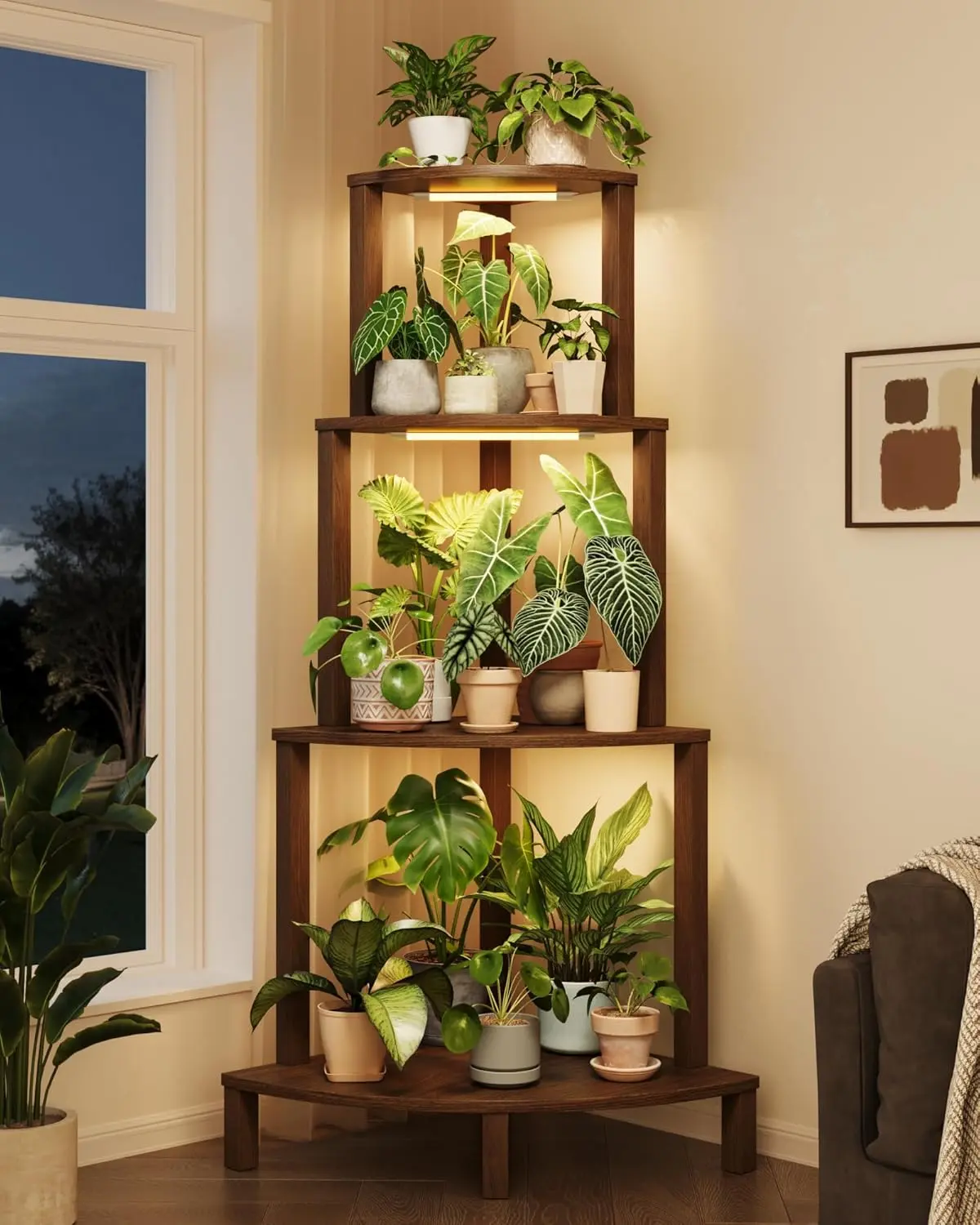 Bamworld Corner Plant Stand with Grow Lights 4-Tier Plant Stand Indoor Wood Plant Stand with Grow Light Tall Shelves Garden Decor for Living Room Balcony tiktokshopspringglowup
