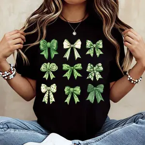Green Bow Pattern Printed T Shirt  Casual Short Sleeve Top For Women Everyday Wear