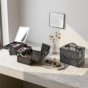 Costoffs Makeup Train Case with Mirror – Portable Travel Makeup Bag, Cosmetic Organizer with 2 Trays and Adjustable Dividers, Makeup Bags