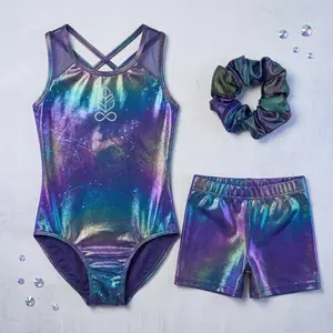 Girls' Sparkly Cross Back Gymnastics Leotard with Shorts - Dance Unitard Biketard Outfit for Ages 3-12 Years, Comfortable Stretchy Fabric Perfect for Ballet, Cheerleading, Performance, and Practice