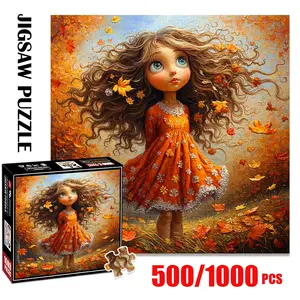 1pc 1000 piece adult puzzle 58x58cm Girl in Orange Dress with Autumn Leaves500 pieces of paper puzzle, suitable for adults and families, large-scale DIY puzzle interactive toy games, birthday holid