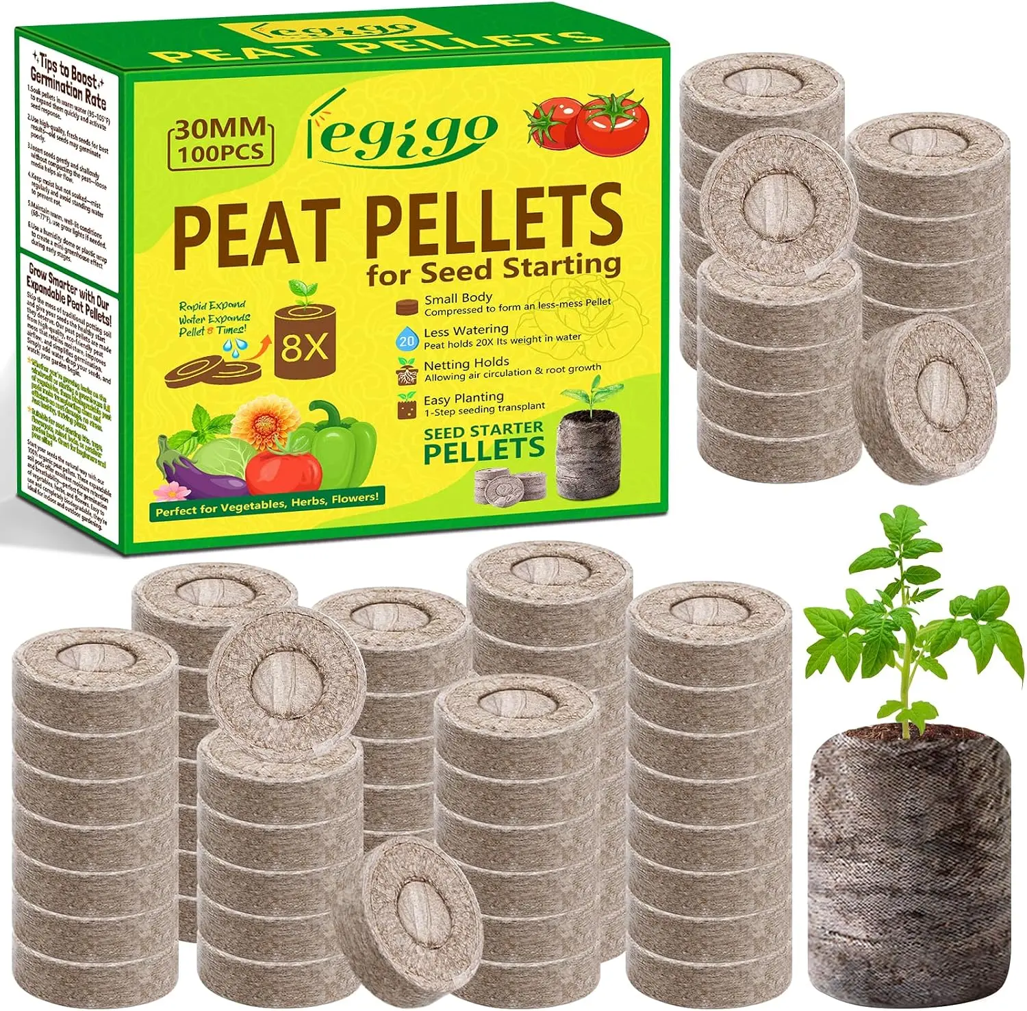 100PCS 30mm Peat Pellets for Seed Starting, Compressed Seed Starter Soil Pods for Seedlings, Plant Cuttings, Herbs, Flowers & Vegetables, Garden Growing