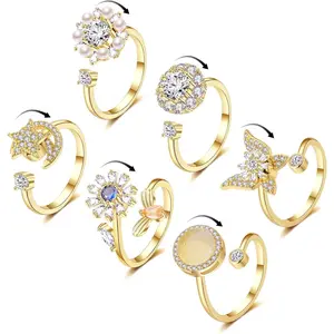 *FRC26 6Pcs 14K Gold Plated Anxiety Rings for Women, Adjustable Spinner Anxiety Ring, CZ Butterfly Bee Moon Star Fidget Rings for Anxiety Stress Relief for Women