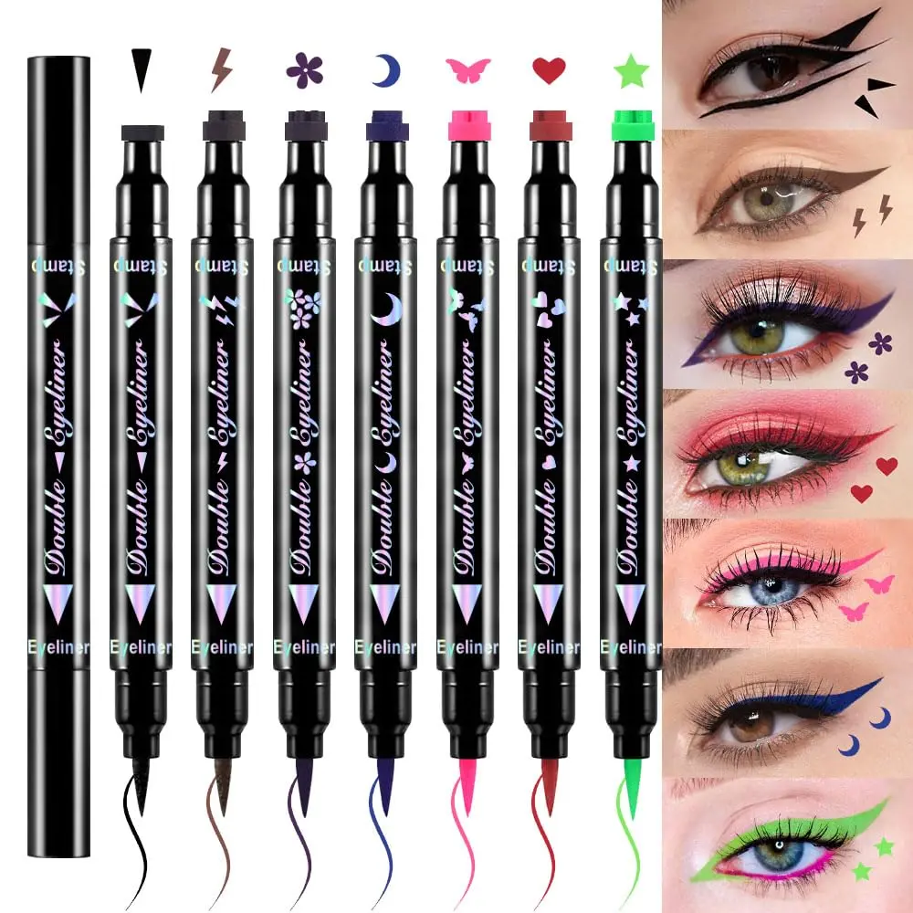 7Pcs Colored Winged Eyeliners Face Stamp Set, Star Flowers Heart Moon Triangle Lightning Butterfly Colorful Eye Liners Stamp Makeup Kit