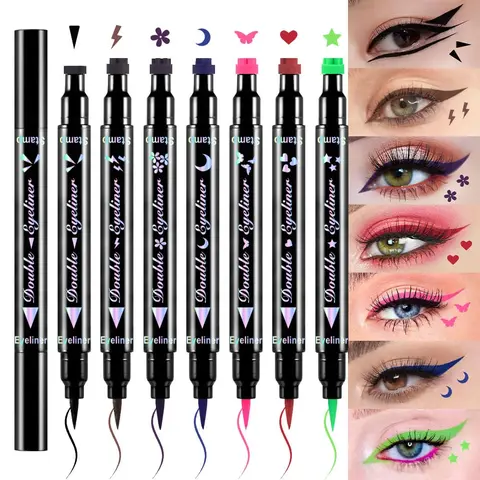 7Pcs Colored Winged Eyeliners Face Stamp Set, Star Flowers Heart Moon Triangle Lightning Butterfly Colorful Eye Liners Stamp Makeup Kit