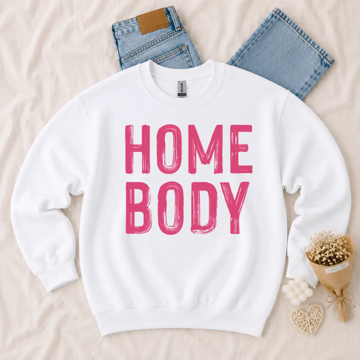 Homebody Sweatshirt, Pink Brush Lettering White Crewneck, Funny Introvert Lounge Shirt, Cozy Aesthetic Gift Pullover Womenswear Cotton Printed