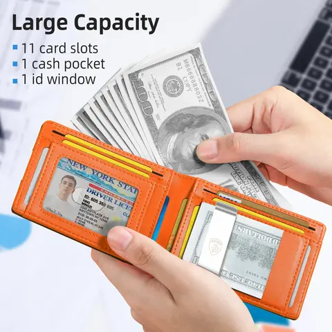 VTLASK Men's 0.5in Slim Bifold Carbon Fiber PU Leather Card Holder Wallet - RFID Blocking, 12 Card Slots, ID Window, Abrasion-Resistant, Anti-Theft, Portable for Daily Use (Ideal for Father's Day, Anniversaries)