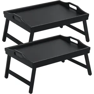 2 Pack Bamboo Bed Tray Table Breakfast Serving Tray with Folding Legs Handles and Phone Holder for Laptop