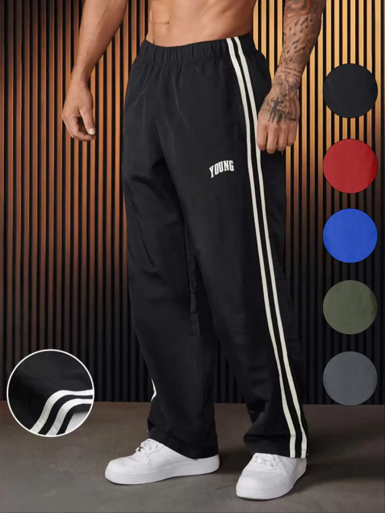Men's Athletic Letter & Striped Print Pants, Regular Fit Casual Stylish Comfy Breathable Pants for Outdoor Daily Wear, Men's Trousers for All Seasons, Athleisure Track Pants, Drawstring Sports Pants, Fitted