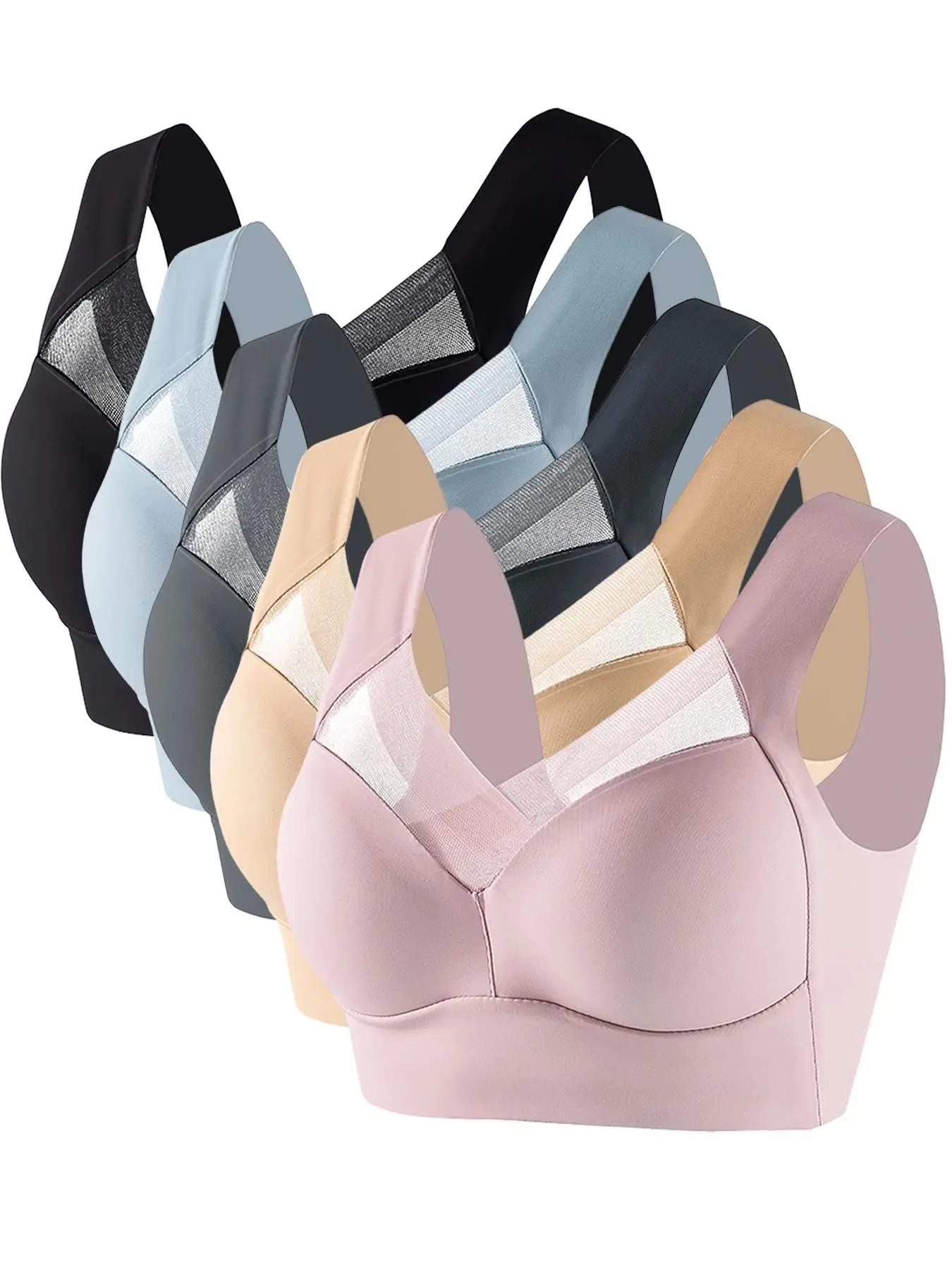 Women's Plain Contrast Mesh Wireless Bra, Casual Comfy Push Up Bra, Lady Lingerie & Underwear, Women's Gift Set, Womenswear, Curvy