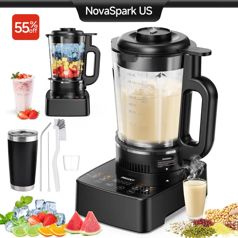 PRASKY 15-in-1 Heating Smoothie Blender Set, 2400W Pulse Power 3.0 HP Motor, 1.8L Thick Glass Juice Container, Nut Milk Machine with 24H Delay Start, Self-Clean, Keep Warm, 150°C Auto Shutoff, 150°C Temp Guard, Cleaning Brush for Homemade Baby Food,techvi