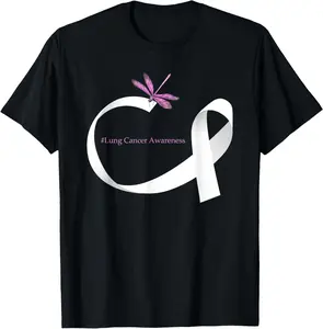 100% Cotton Unisex Dragonfly White Ribbon Lung Cancer Awareness T-Shirt