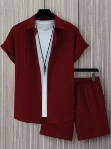 KZZ Two-Pieces Men's Outfits Set, Regular Fit Solid Textured Button Shirt & Drawstring Waist Shorts, Back-to-school Clothing, Casual Boho Summer Outfits for Beach Vacation Outdoor christmas gifts for him