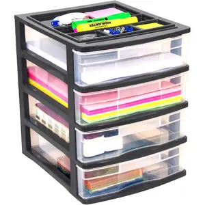 Gracious Living 4-Drawer Desktop and Countertop Storage Organizer Drawer Set, Plastic Office Desk Organizer, Black/Clear