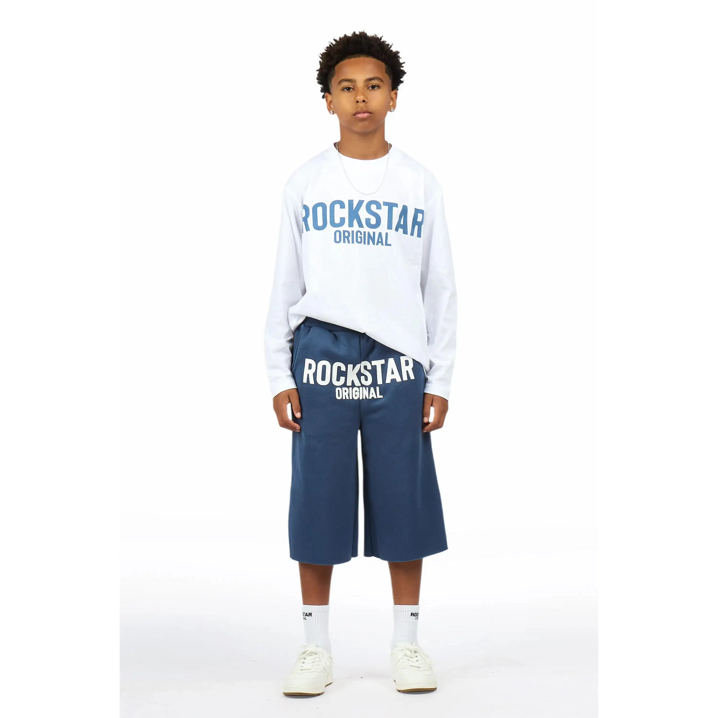 Boys Mikasso White/Navy L/S T-Shirt Jort Set