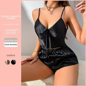 Source Manufacturer Imitation Silk Camisole Shorts Set Fashion Simple Underwear Backless Homewear Ice Silk Pajamas for Women Womenswear Lingerie Basic Black Minimalist Spaghetti Strap