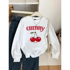 Women'sFashionLetterPrintCherryPatternLoose-FitRoundNeckShortSleeveSweatshirt,CasualStyleAllSeasonWear