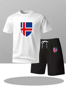 Summer Men's Casual Sporty Two-Piece Set, Iceland Flag Print, Comfortable Breathable, Fashionable Streetwear, Short Sleeve and Shorts