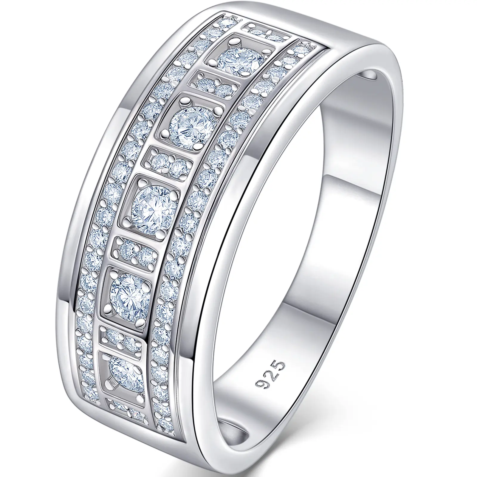 Heinlov Classic 925 Sterling Silver Men's Band Ring - D VVS1 Round Cut Moissanite Round Stones, 59 Stones, 0.6ct Total, 9mm Wide, 5.72g, Size 9-12, Groom Gift for Wedding & Engagement