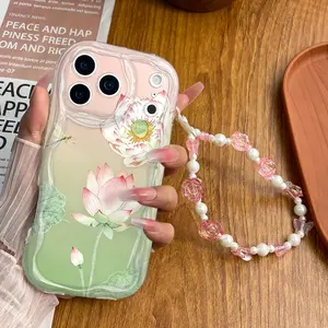 Gradient Lotus Wave Phone Case with Pearl Rose Chain, Transparent Anti-Drop for iPhone 17/16/15/14/13/12/11 Pro Max, Gift Idea