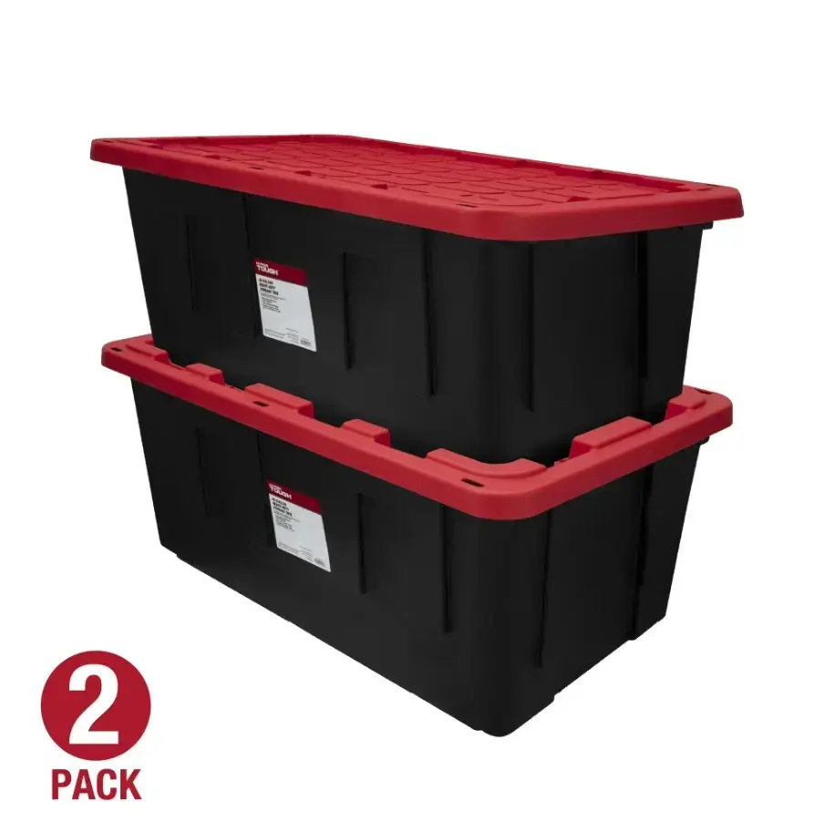 (Pack of 2) 40 Gallon Extra Large Storage Bin with Snap Lid, Black and Red, Heavy Duty Plastic Storage Container